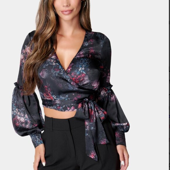Bebe Dark Floral Balloon Sleeve Wrap Top Blouse Size 4 NWT Romantic Boho Sexy - Picture 2 of 5